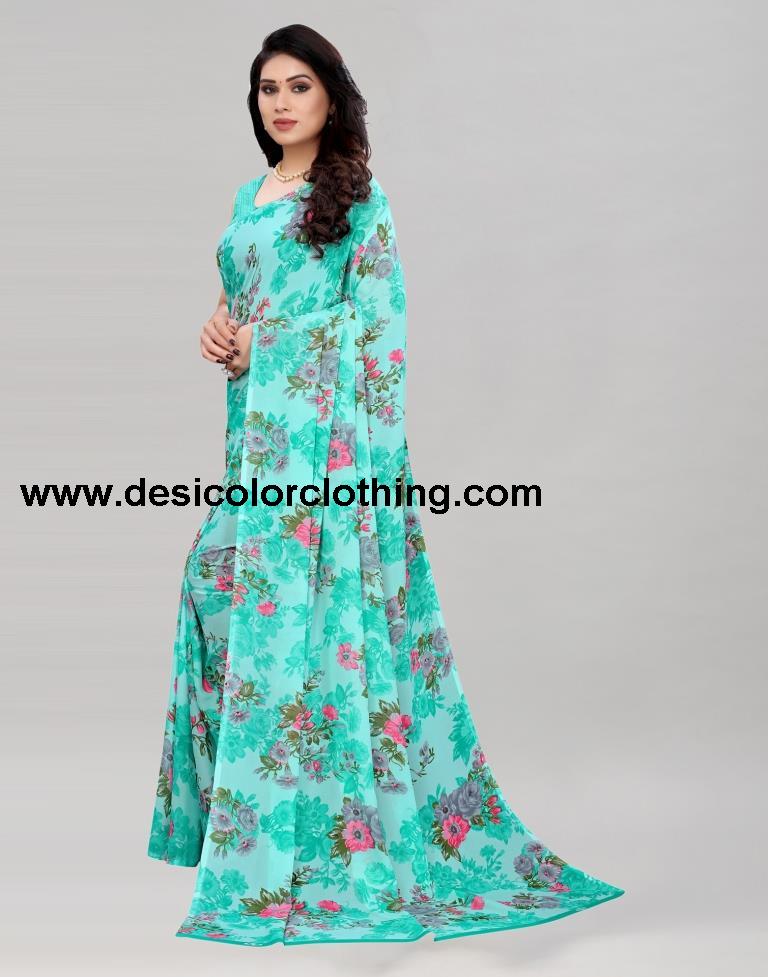 Gleaming Aqua Blue Printed Saree | 2041S576