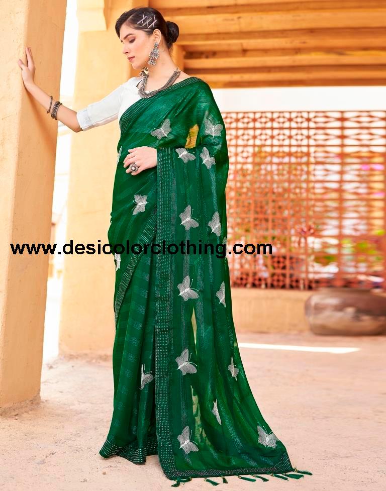 Bottle Green Chiffon Plain Ready To Wear