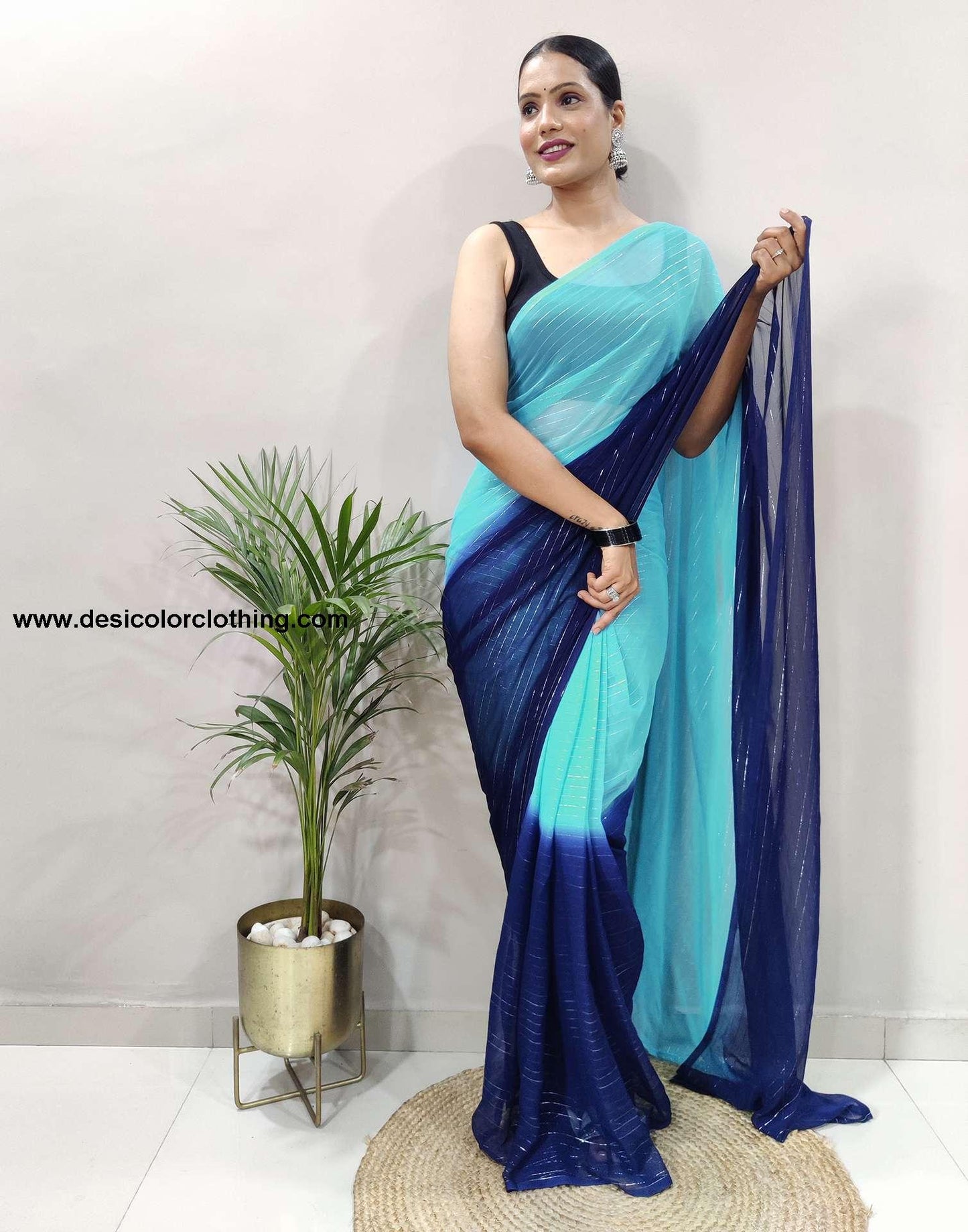 Black Banglori Silk Blouse & Blue Georgette Saree with Jari Stripes