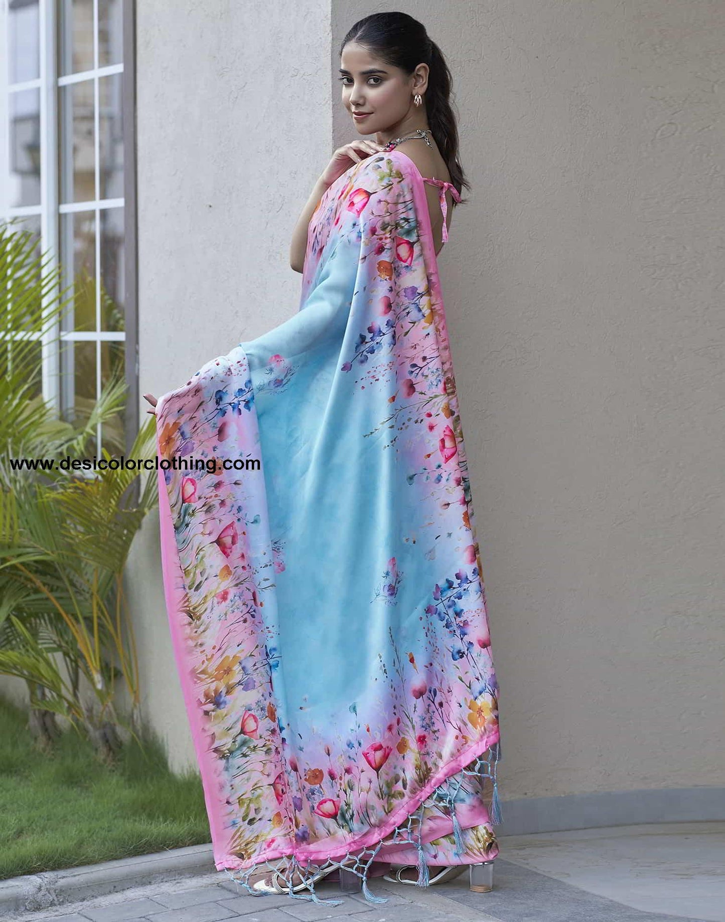 Blue Printed Satin Saree