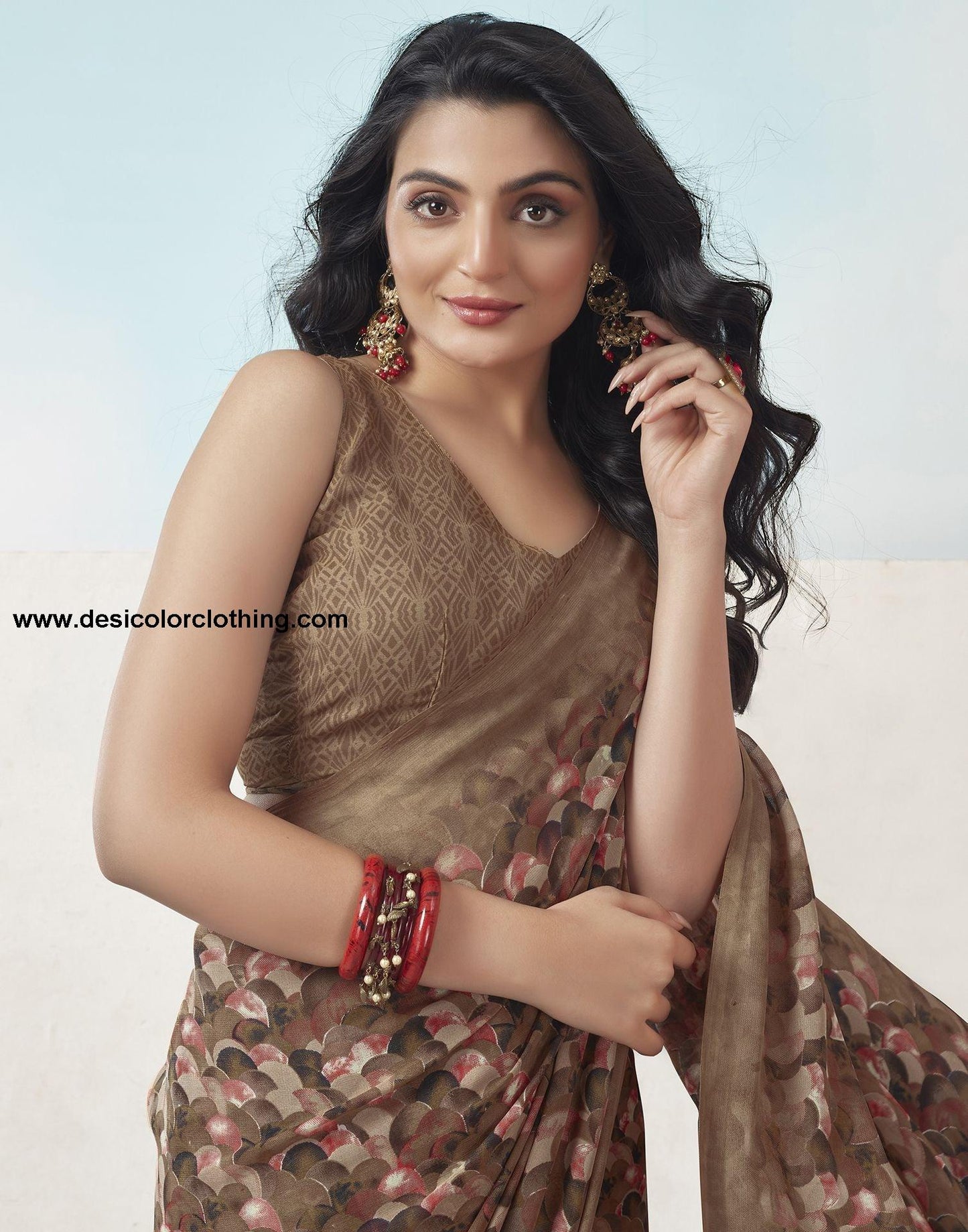 Brown Printed Georgette Saree