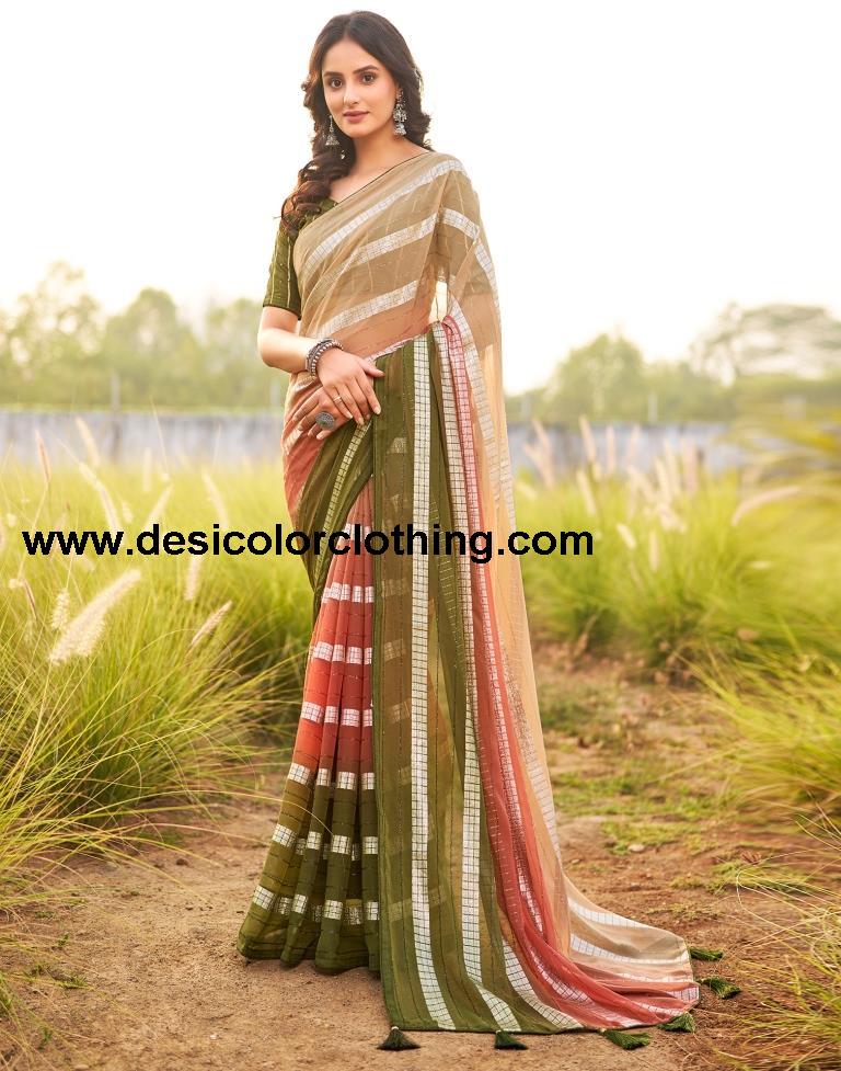 Olive Green Georgette Plain Saree