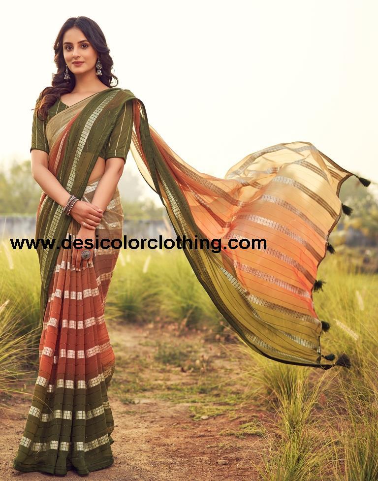 Olive Green Georgette Plain Saree