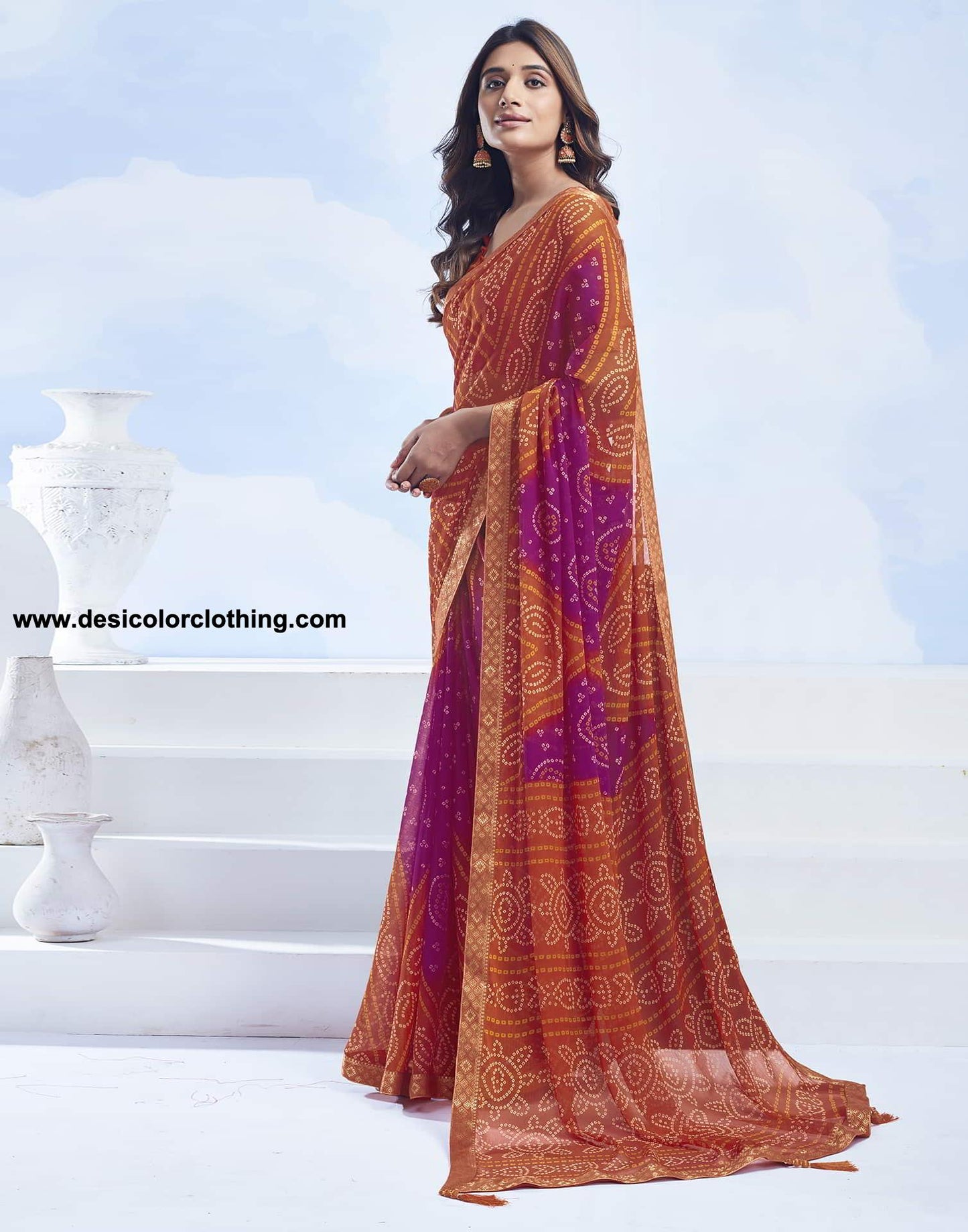 Orange Bandhani Chiffon Saree