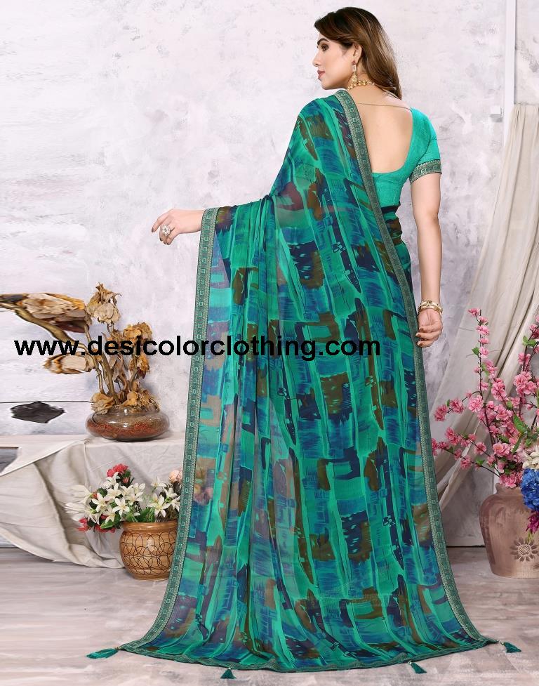 Rama Green Chiffon Printed Saree