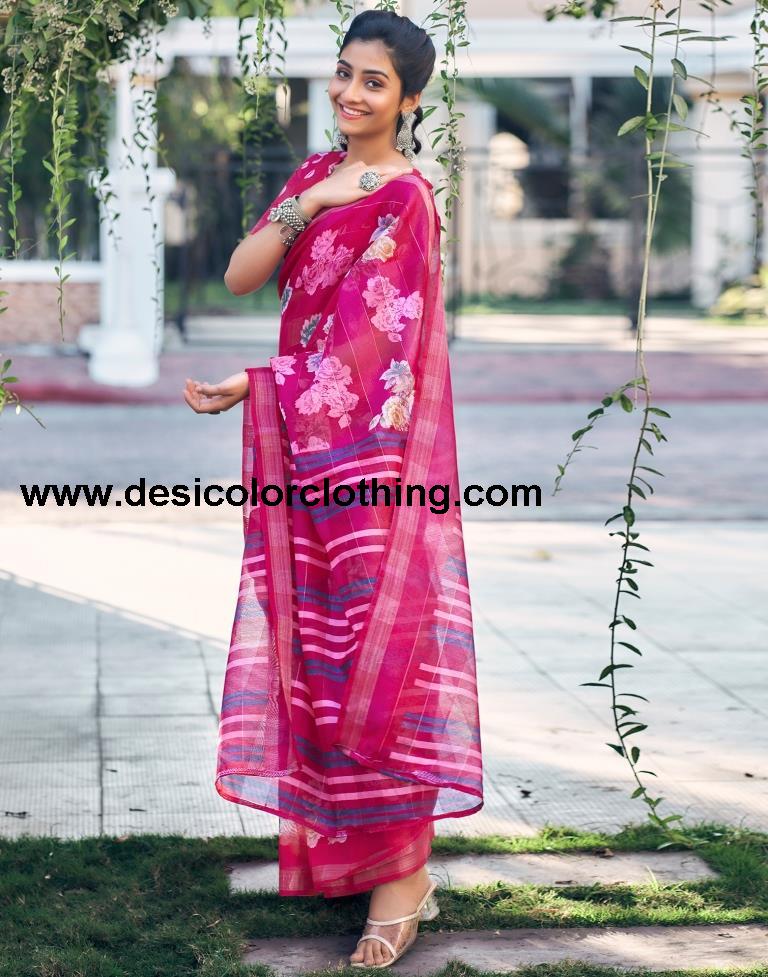 Rani Pink Cotton Printed Saree