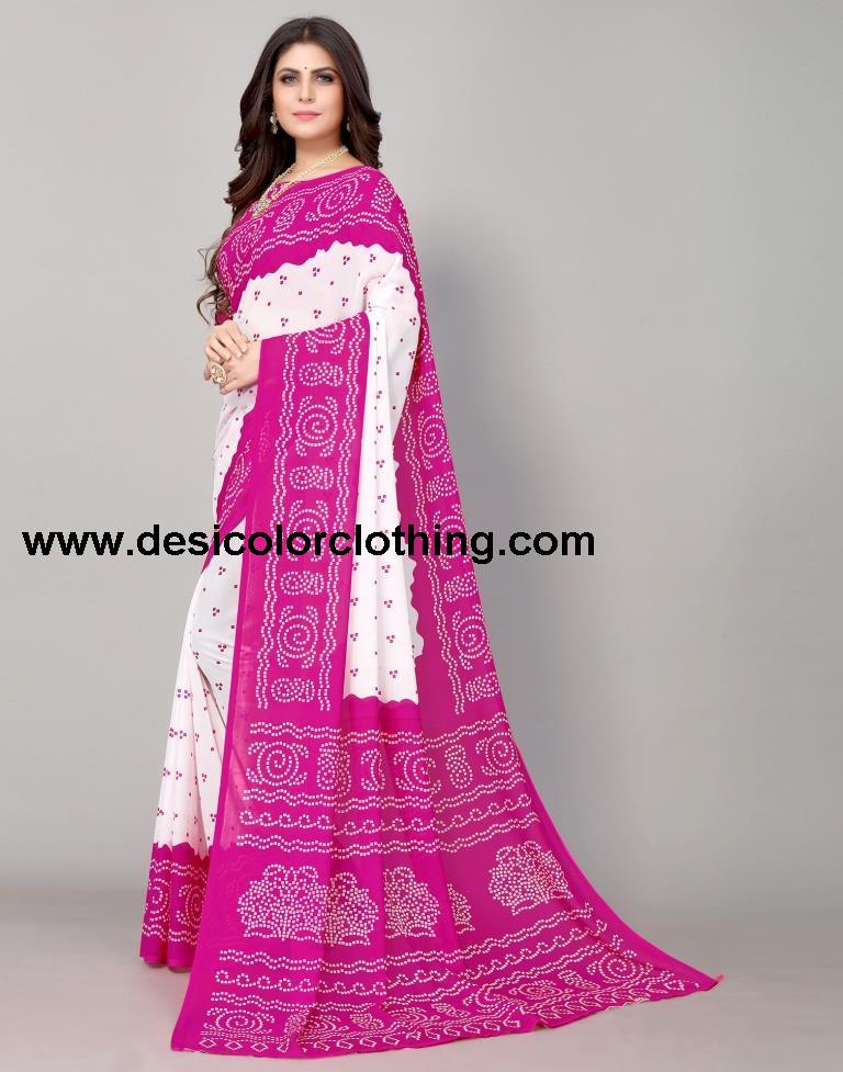 Pink And White Bandhani Printed Saree