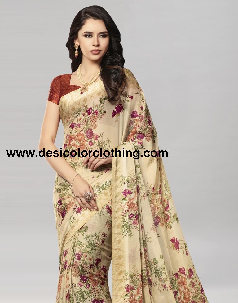 Beige Printed Chiffon Saree