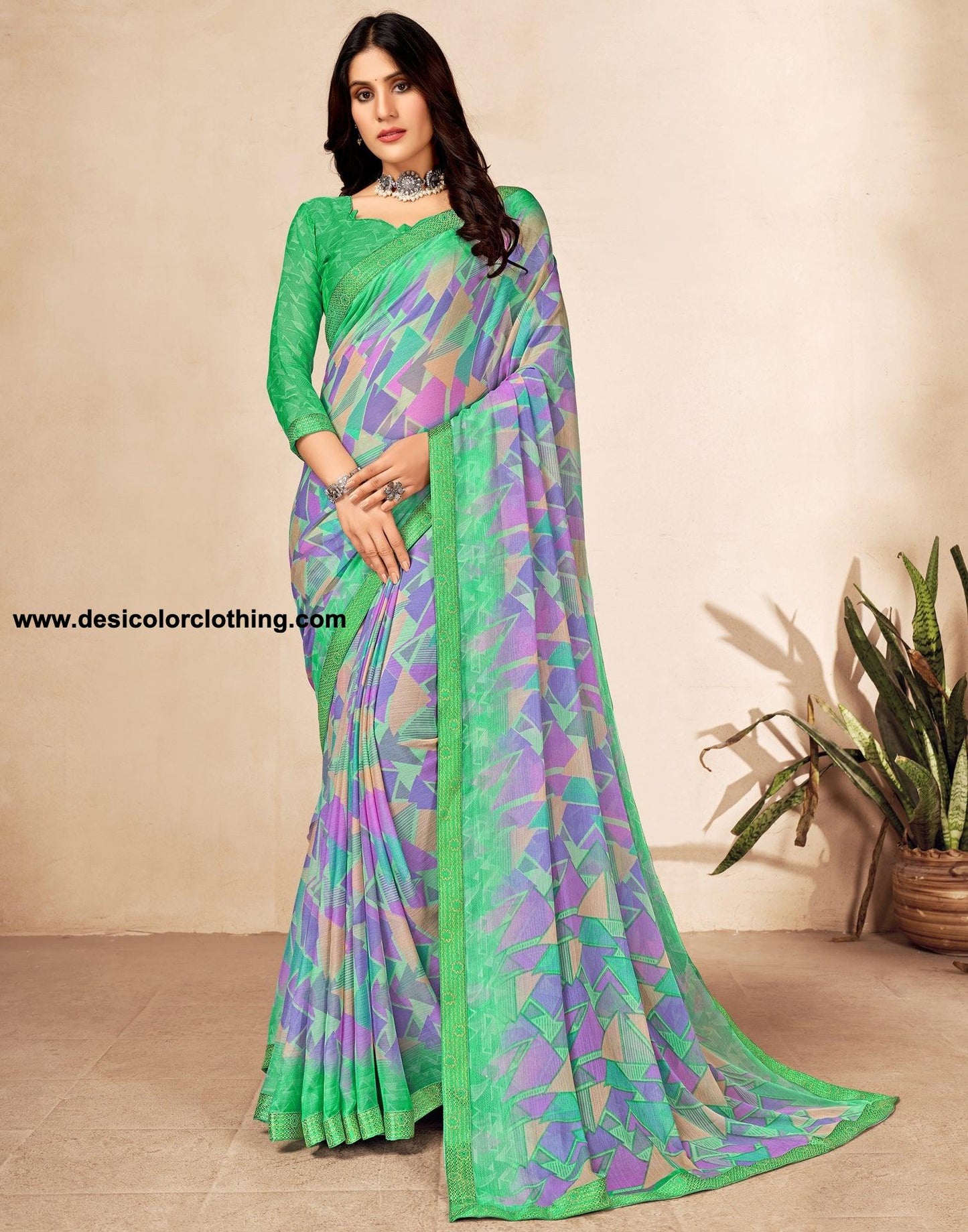 Turquoise Green Chiffon Saree