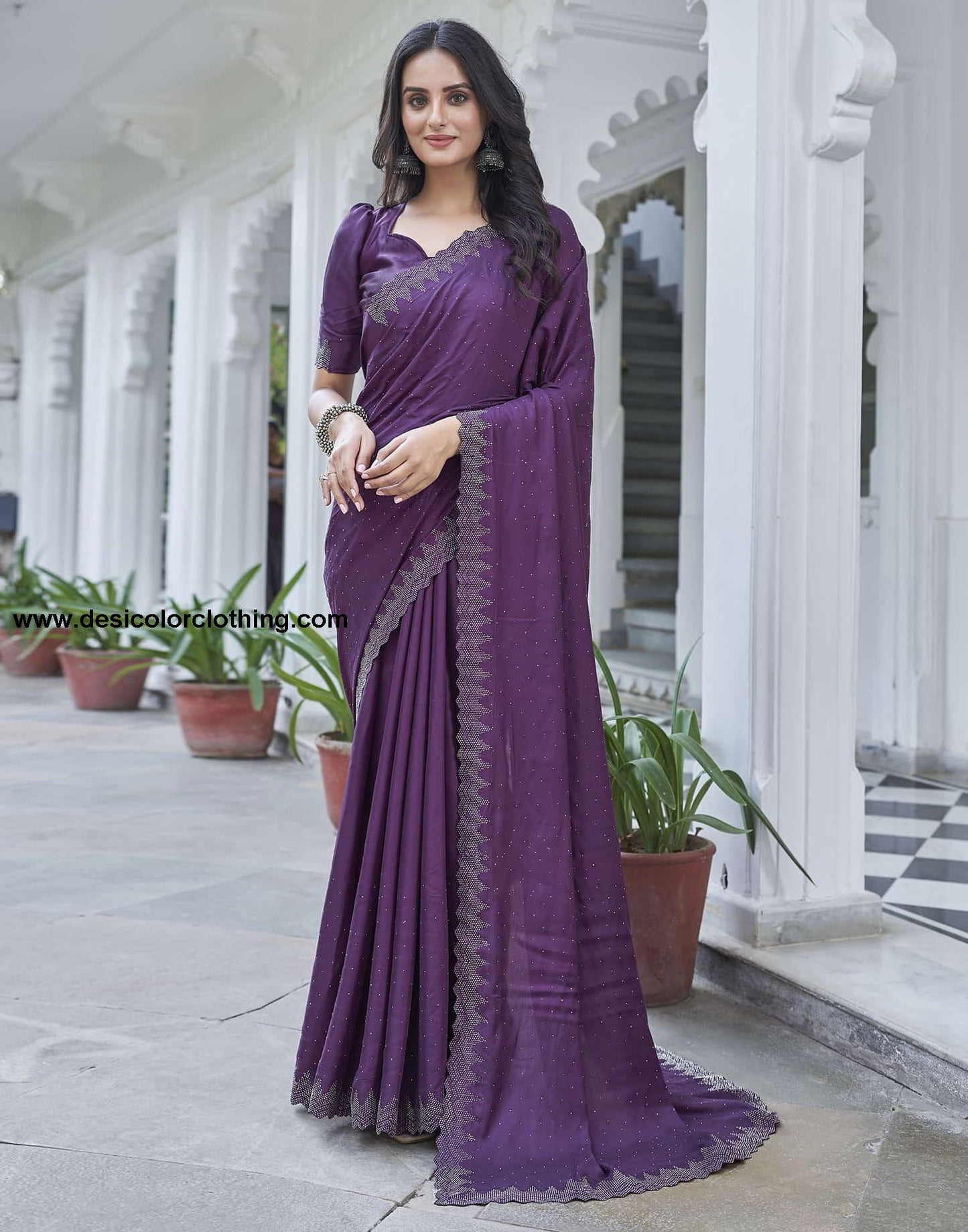 Purple Swarovski Satin Plain Saree