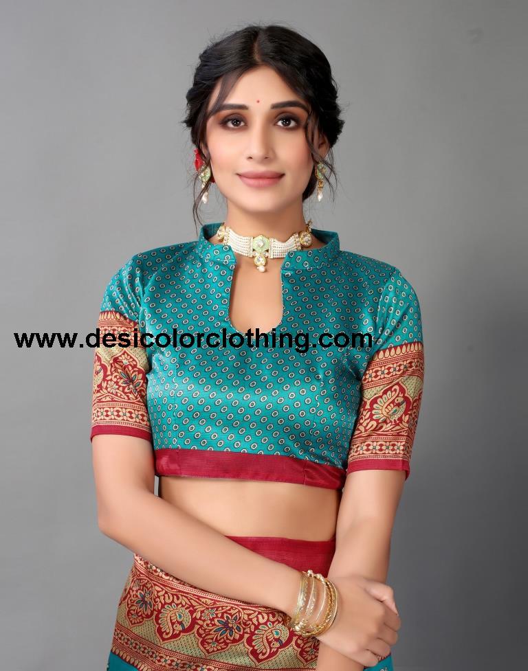 Rama Blue Printed Silk Saree