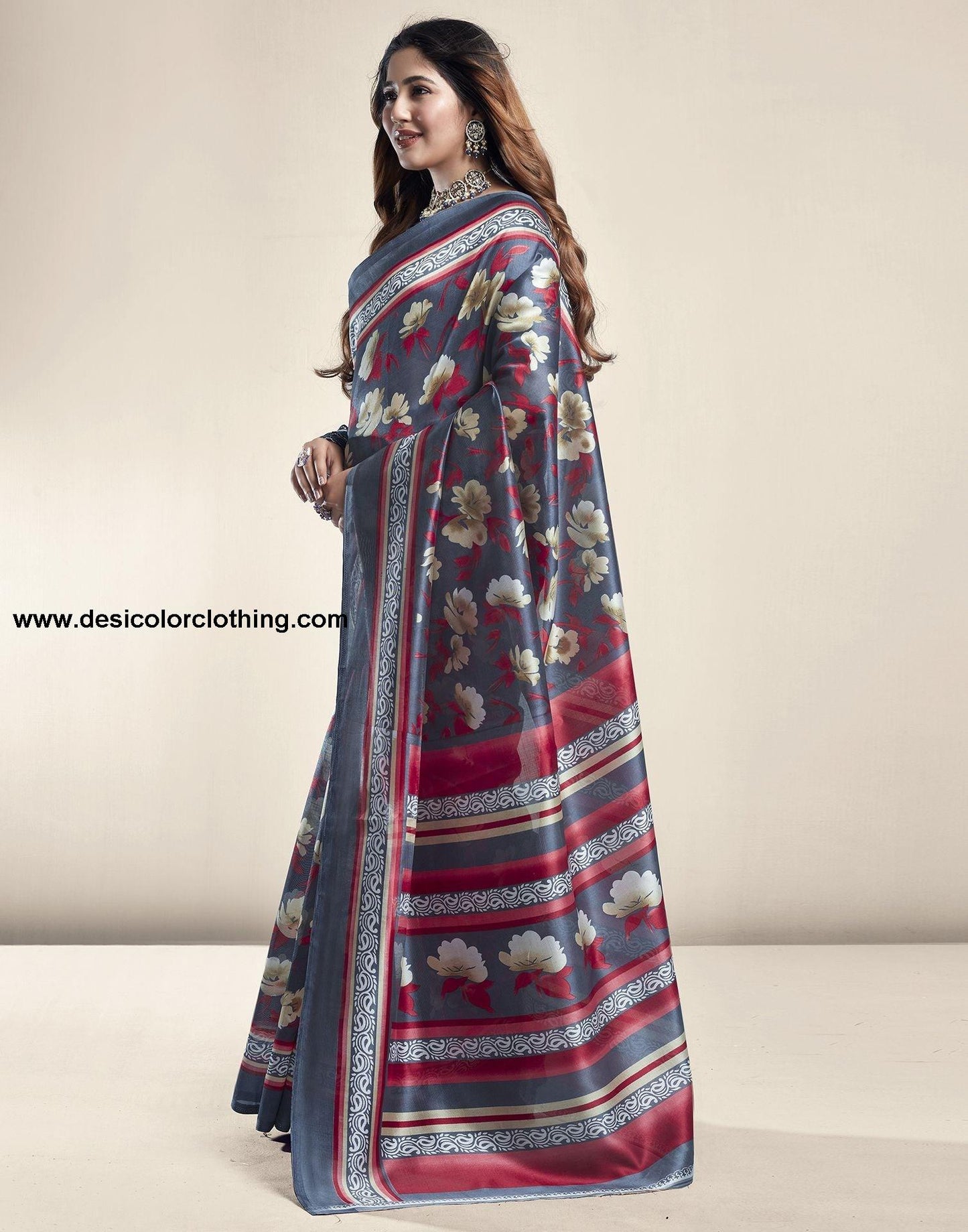 Dark Grey Printed Silk Saree