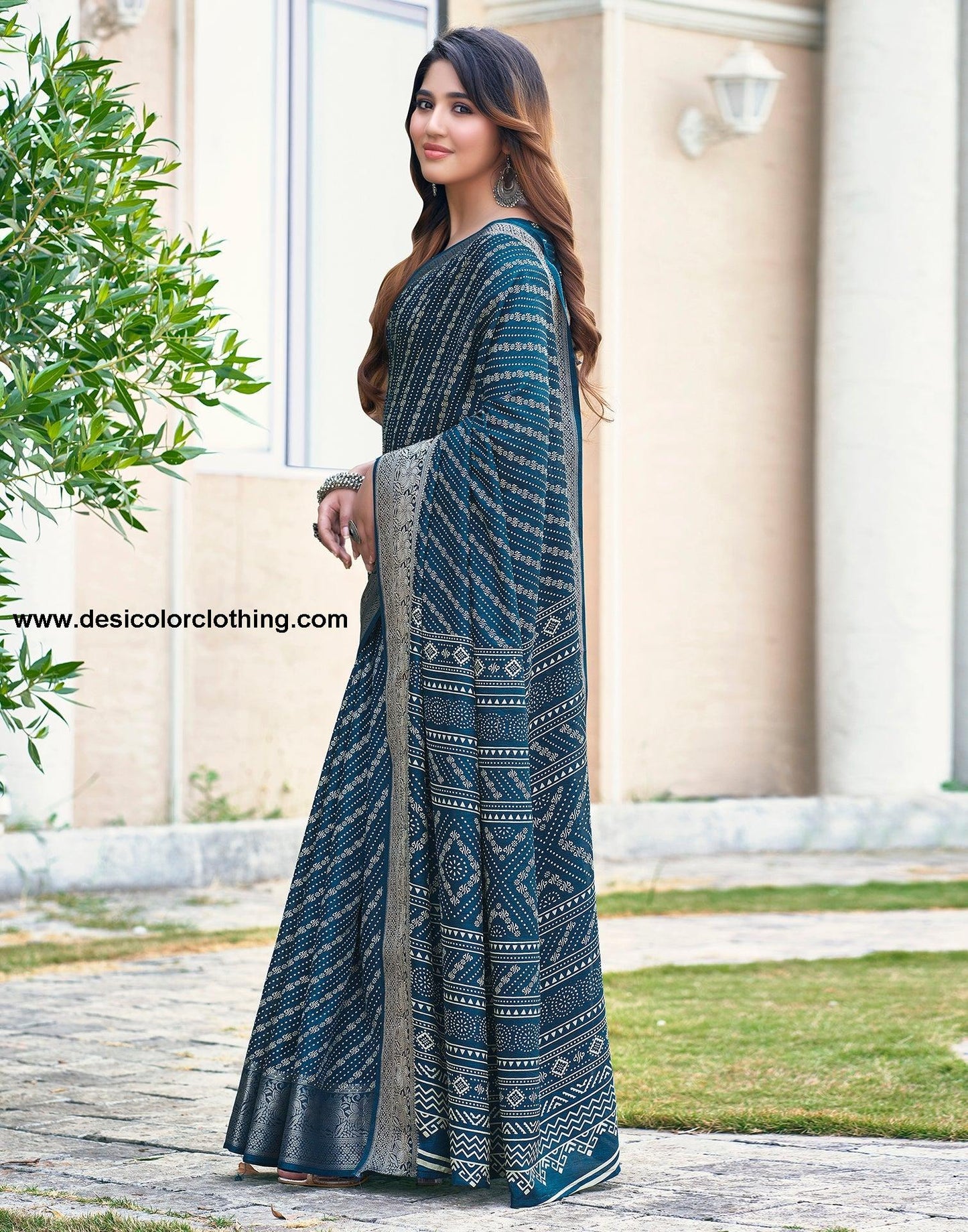 Sea Blue Silk Printed Saree