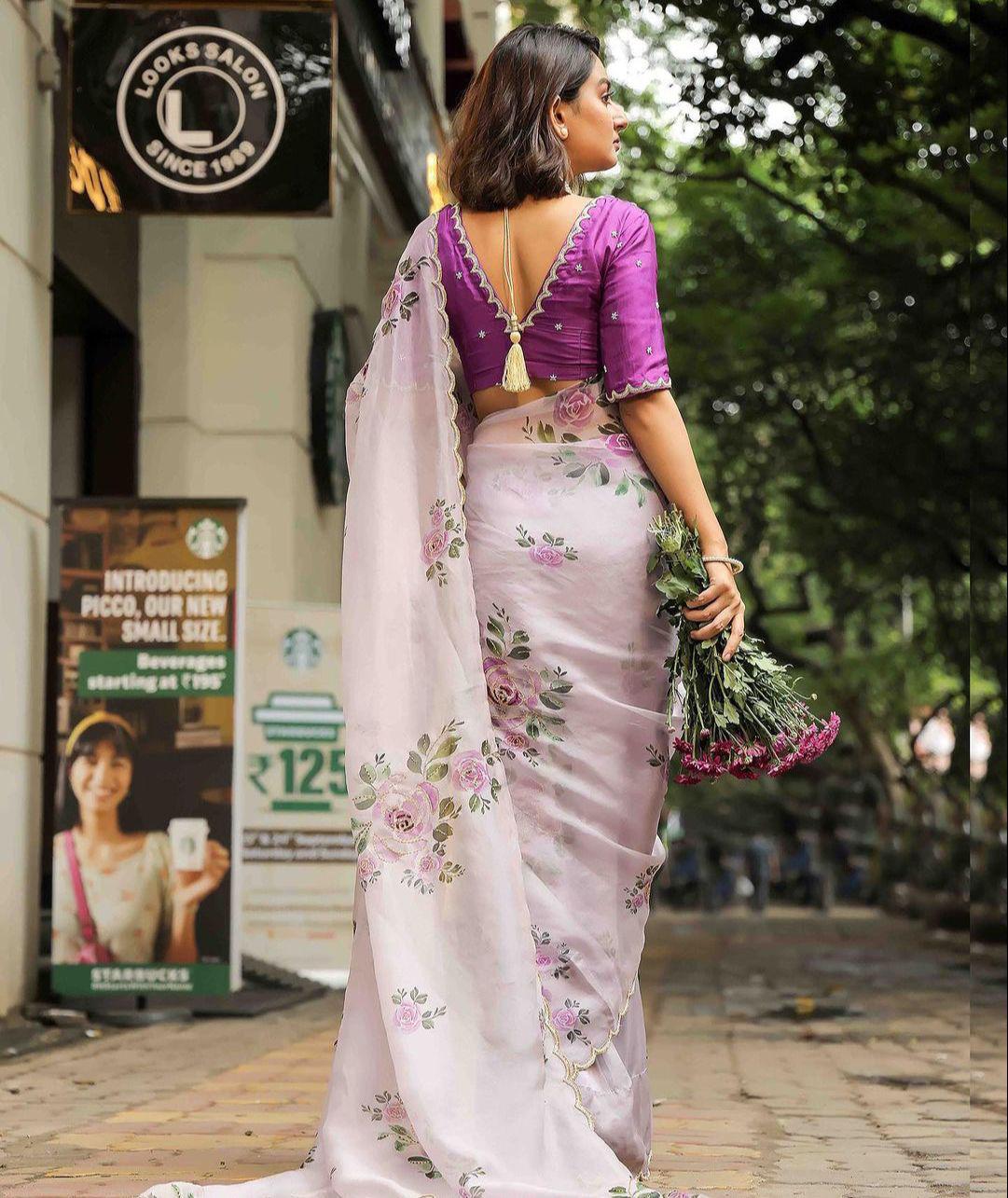 Product Image - Designer Satin Organza Saree with Handcrafted Floral Prints and Pearl Cutwork Border