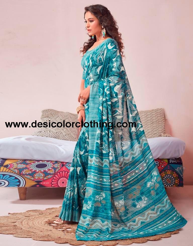 Dusty Teal Blue Georgette Printed Saree