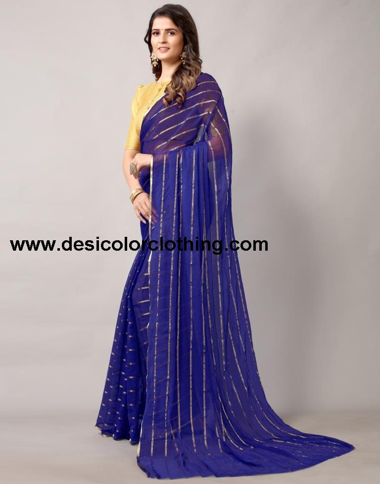 Royal Blue Plain Chiffon Saree