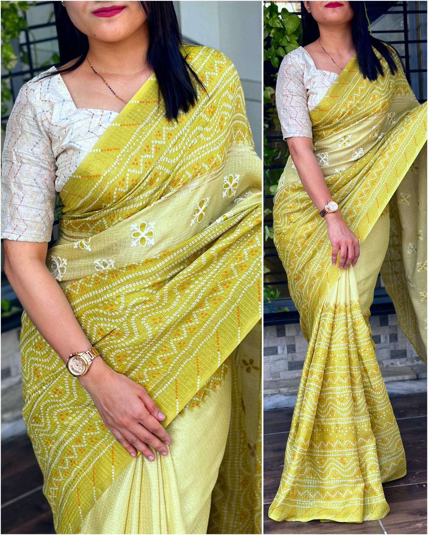 Product Image - Designer Kota Linen Saree with Bandhej Print & Sequin Work - Perfect Festive & Wedding Attire