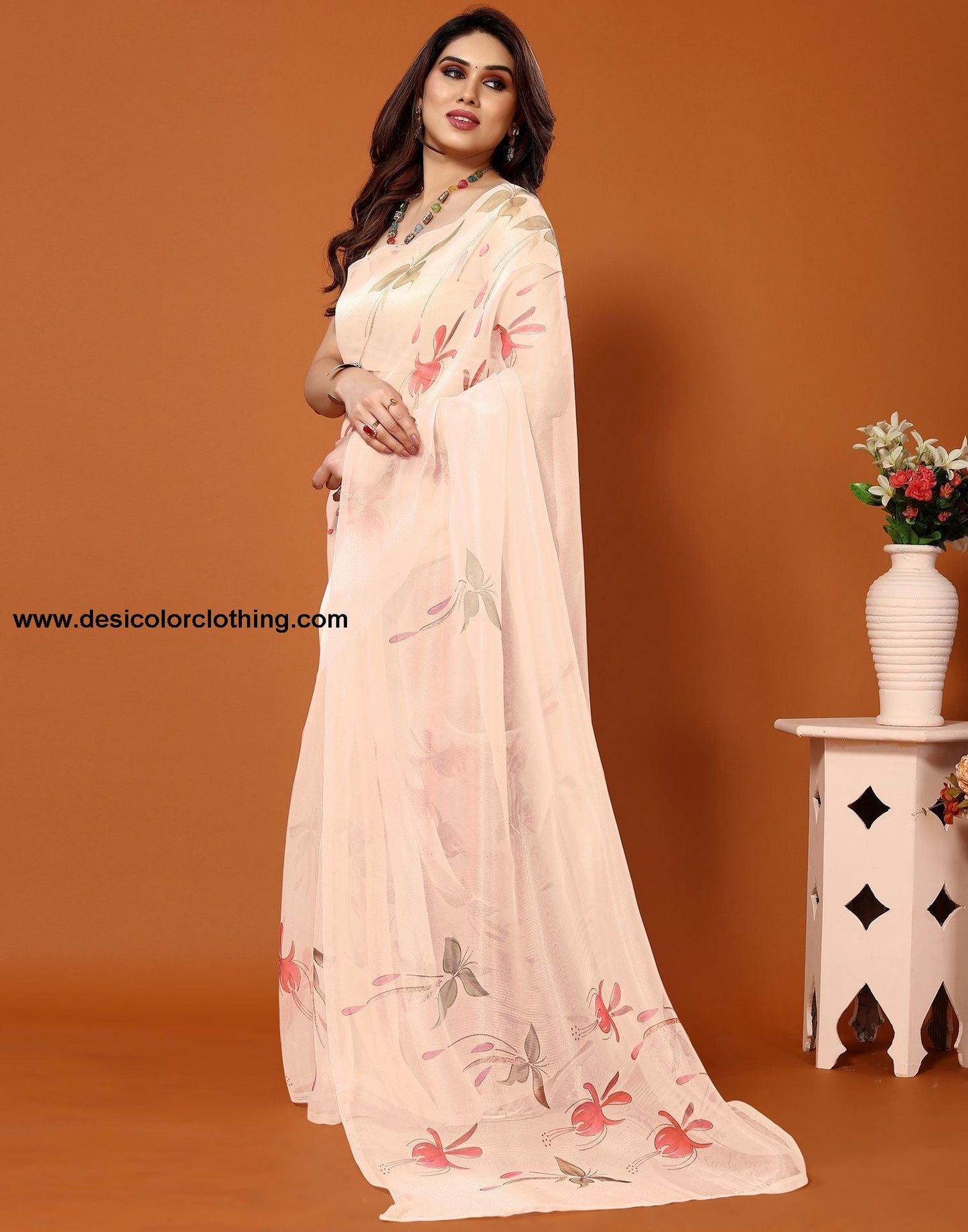 Cream Organza Printed Saree