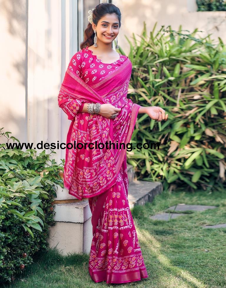 Rani Pink Silk Printed Saree