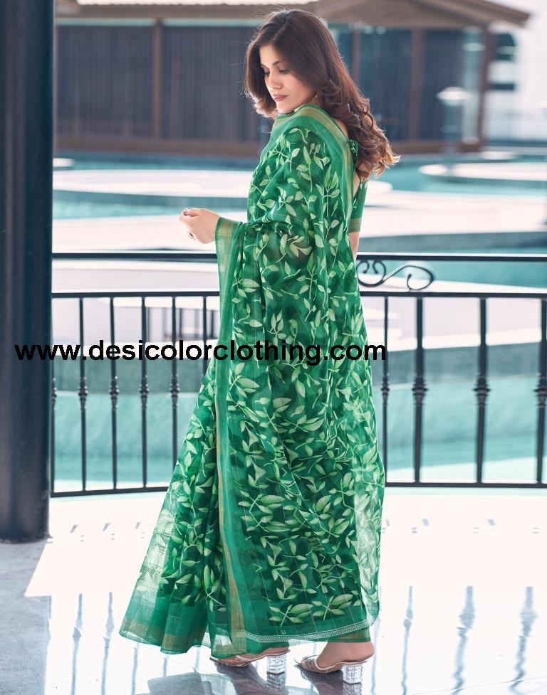 Sea Green Cotton Printed Saree