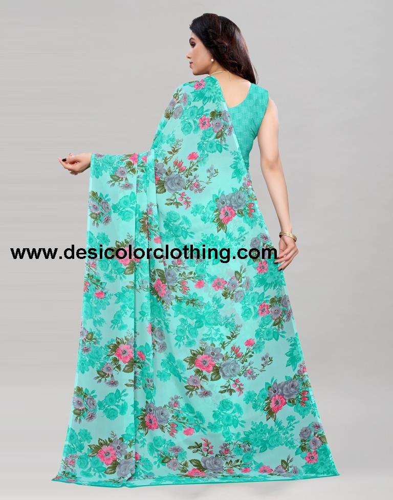 Gleaming Aqua Blue Printed Saree | 2041S576