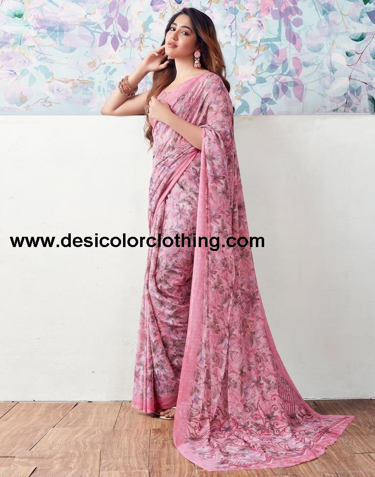 Pink Georgette Printed Saree