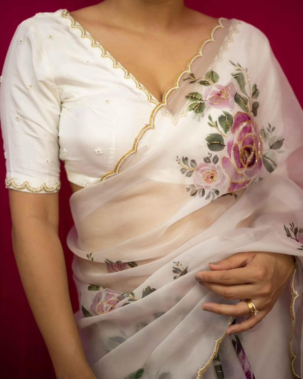 Product Image - Designer Satin Organza Saree with Handcrafted Floral Prints and Pearl Cutwork Border