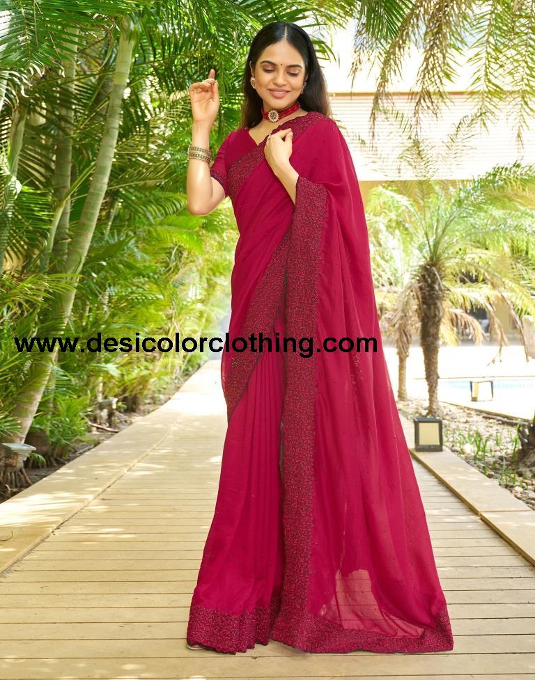 Dark Pink Plain Silk Saree