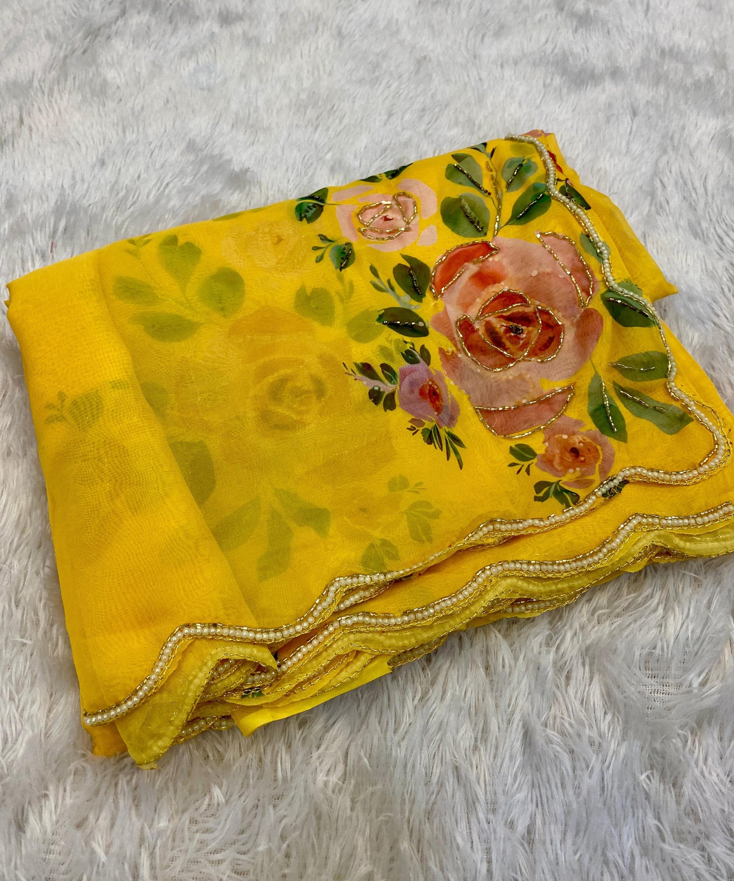Product Image - Designer Satin Organza Saree with Handcrafted Floral Prints and Pearl Cutwork Border