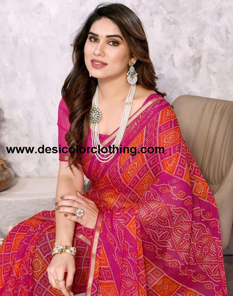 Orange Chiffon Bandhani Printed Saree