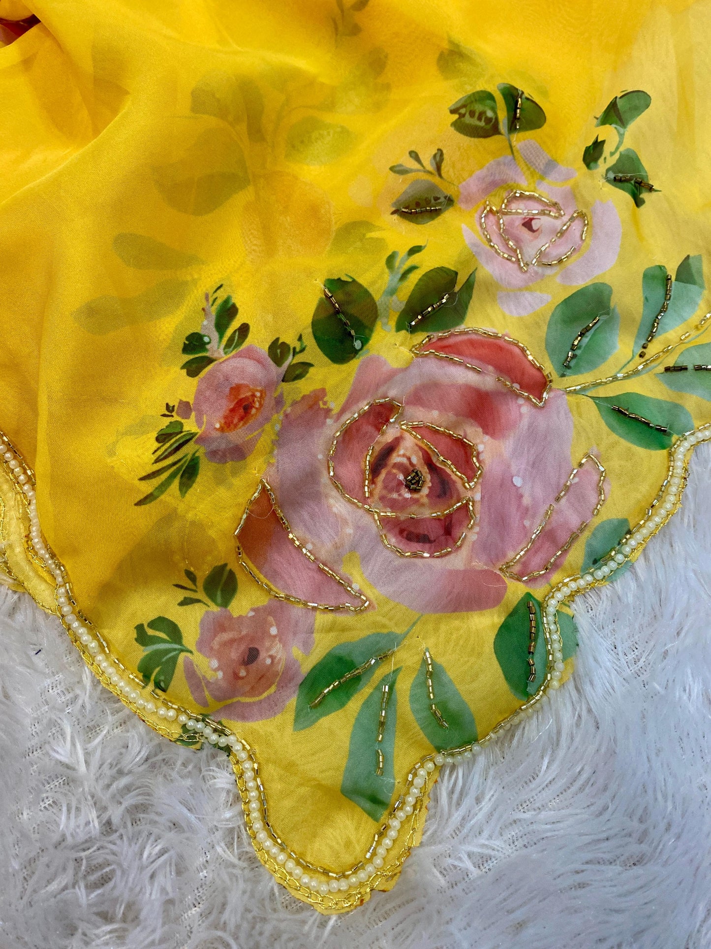 Product Image - Designer Satin Organza Saree with Handcrafted Floral Prints and Pearl Cutwork Border