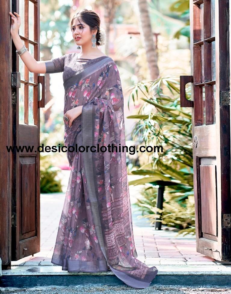 Dusty Pink Linen Printed Saree