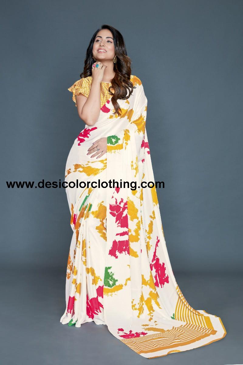 White Coloured silk Satin Printed Saree