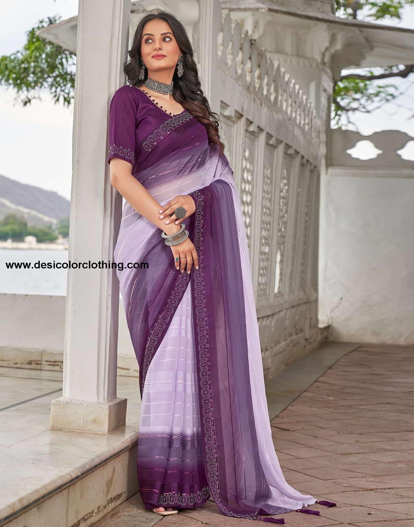 Purple Swarovski Georgette Stone Work Saree