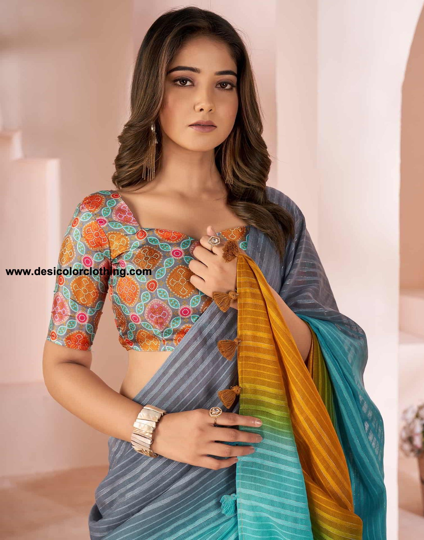 Turquoise Linen Plain Saree