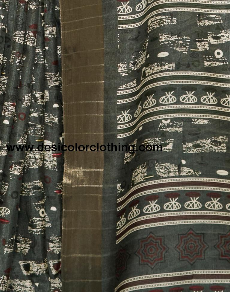 Dark Grey Silk Printed Saree