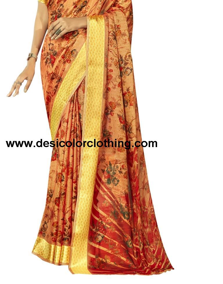 Royal Orange Printed Jute Saree