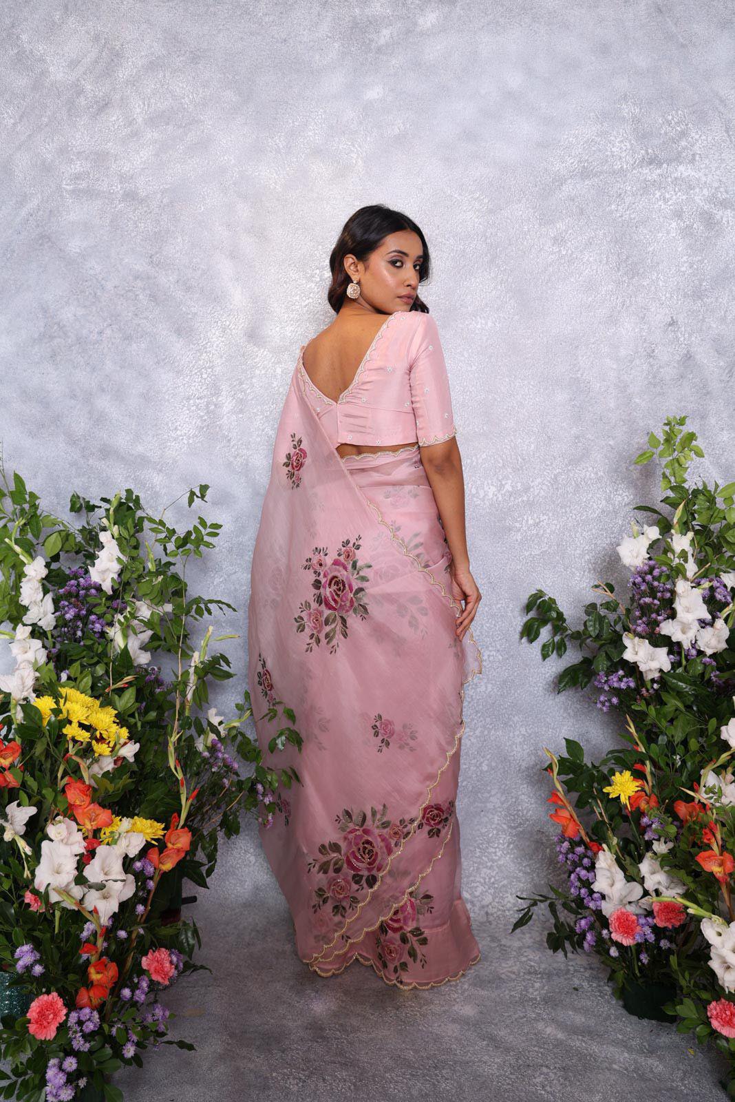 Product Image - Designer Satin Organza Saree with Handcrafted Floral Prints and Pearl Cutwork Border