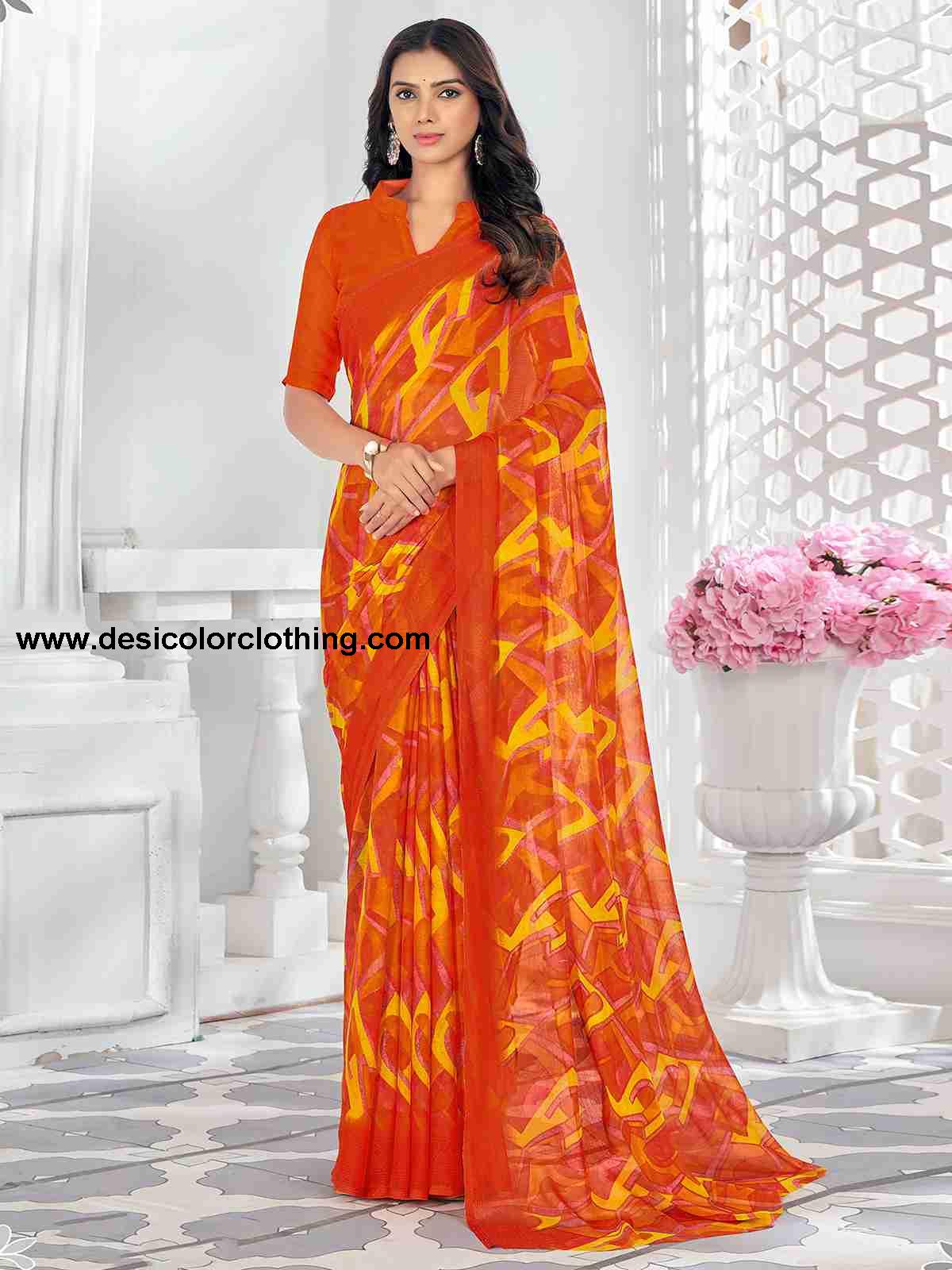 Orange Chiffon Printed Saree