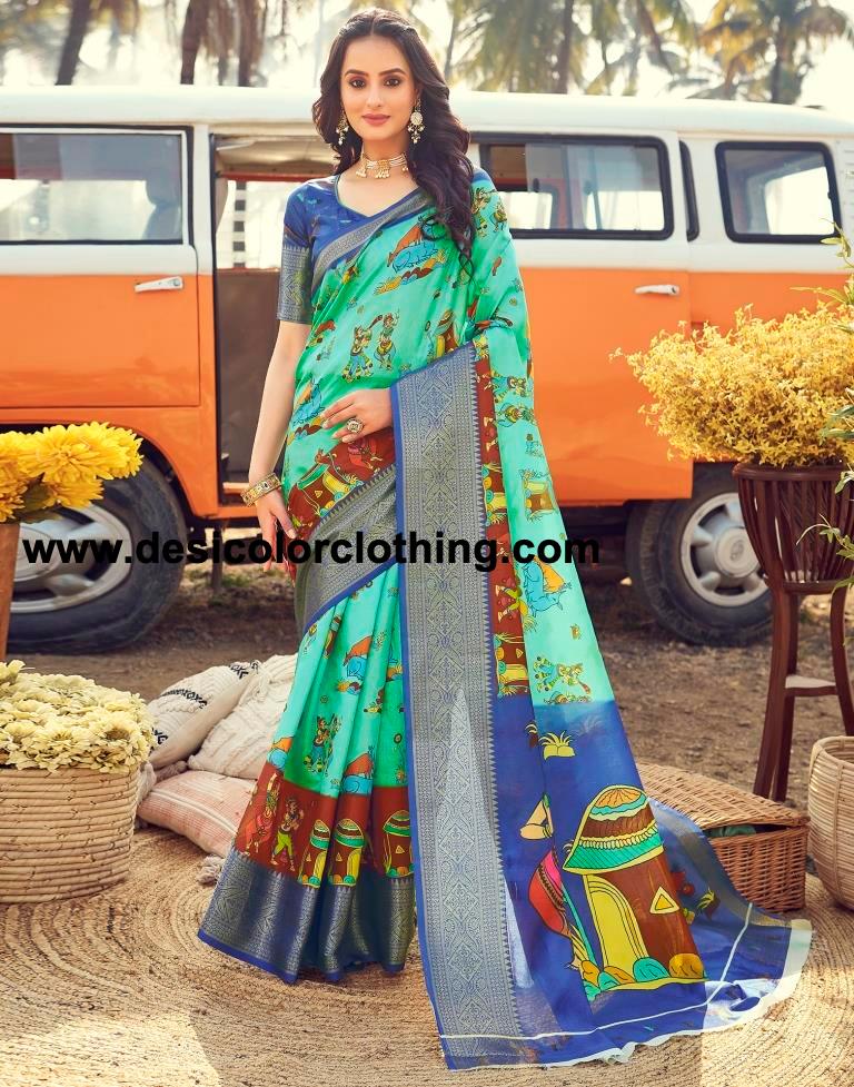 Turquoise Silk Printed Ready To Wear