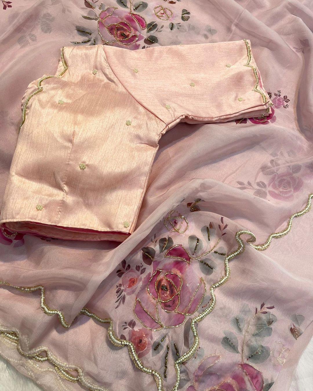 Product Image - Designer Satin Organza Saree with Handcrafted Floral Prints and Pearl Cutwork Border