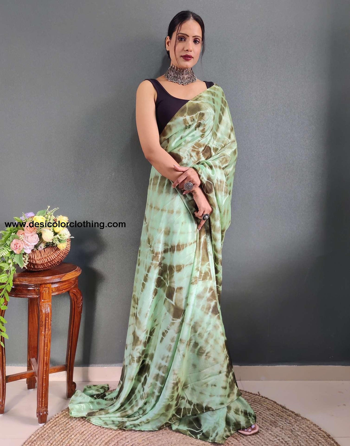 Sea Green Printed Silk Pre-draped Saree