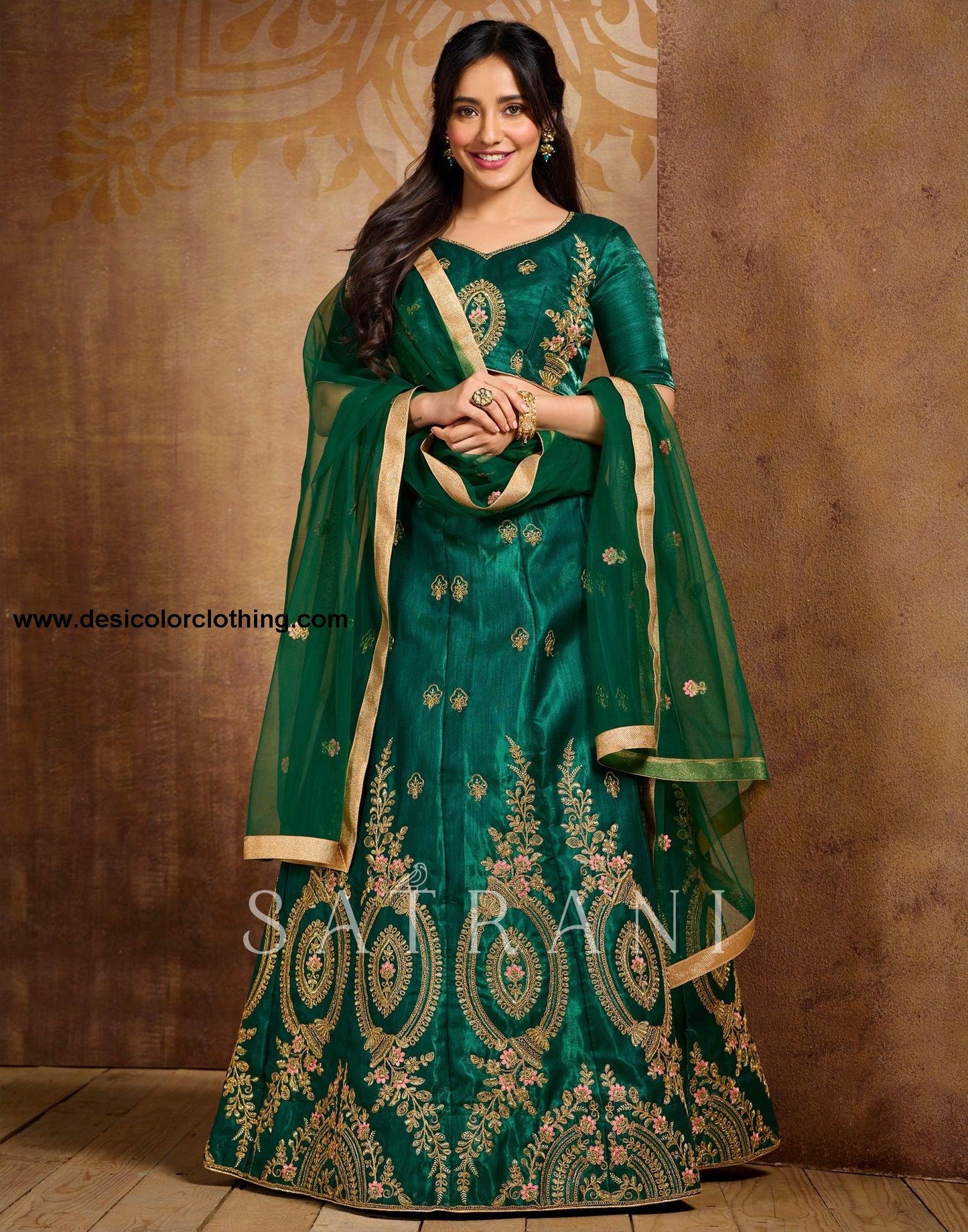 Bottle Green Coloured Poly Silk Embroidered Partywear Lehenga | SLV125L10495