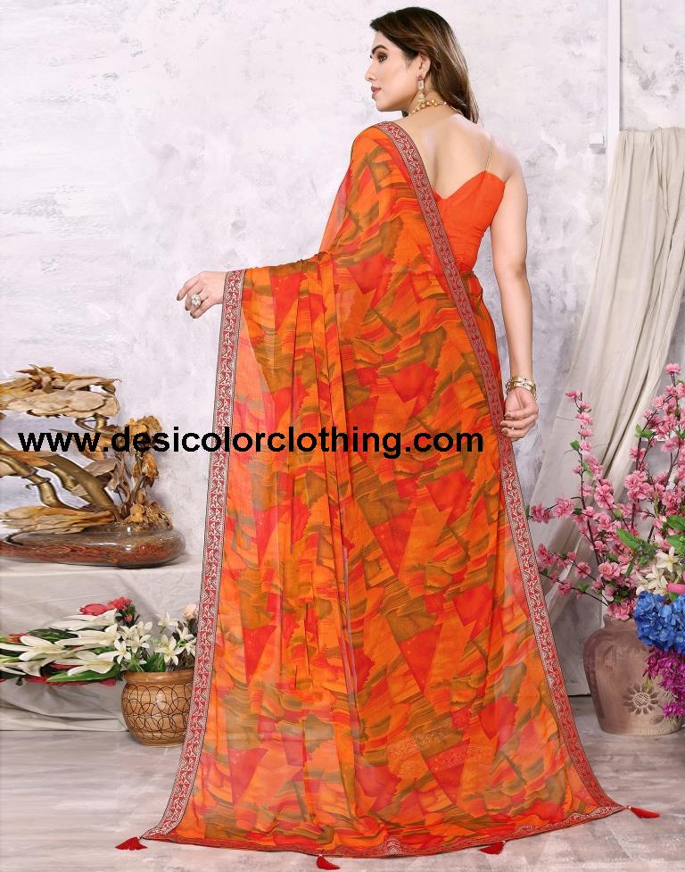Orange Chiffon Printed Saree