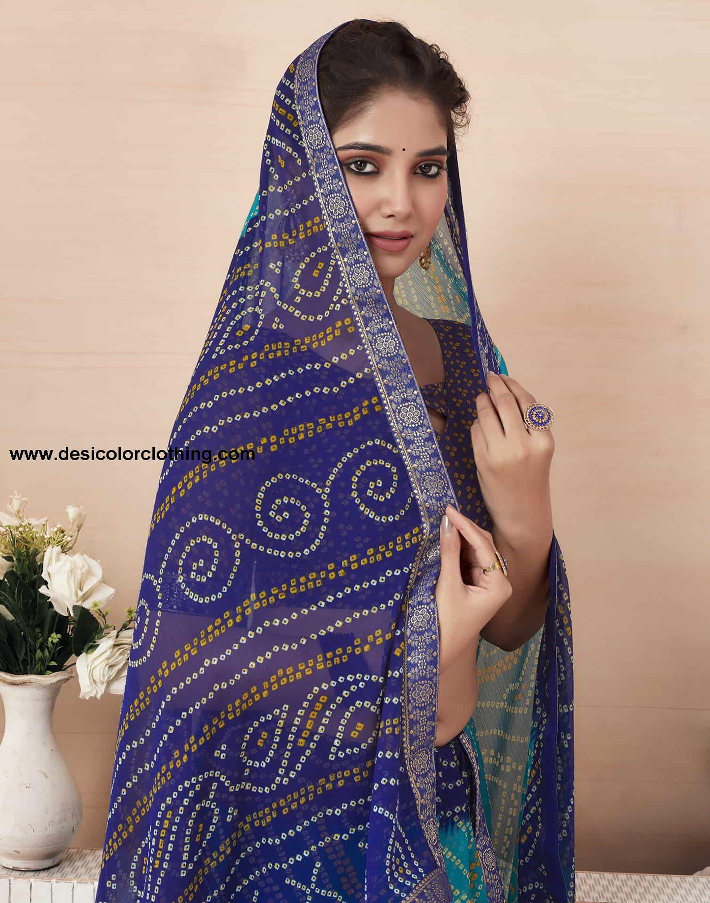 Blue Bandhani Chiffon Saree
