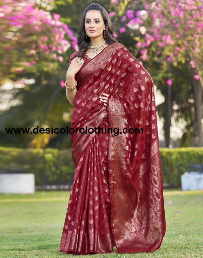 Red Organza Plain Saree