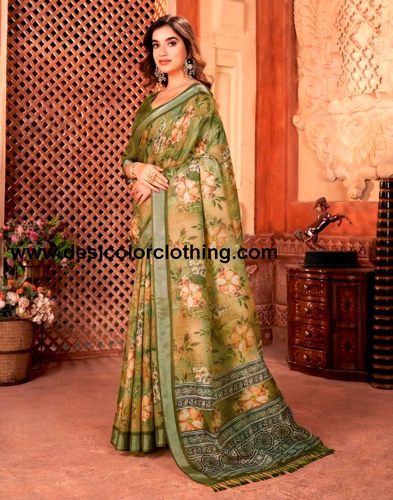 Olive Green Linen Printed Saree