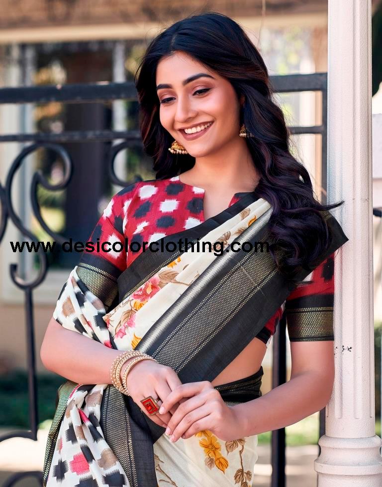 Cream Silk Printed Saree