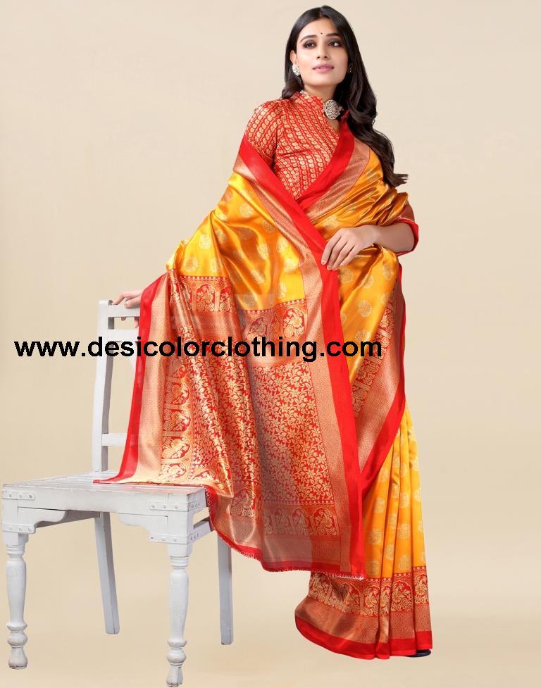 Golden Yellow And Red Silk Saree