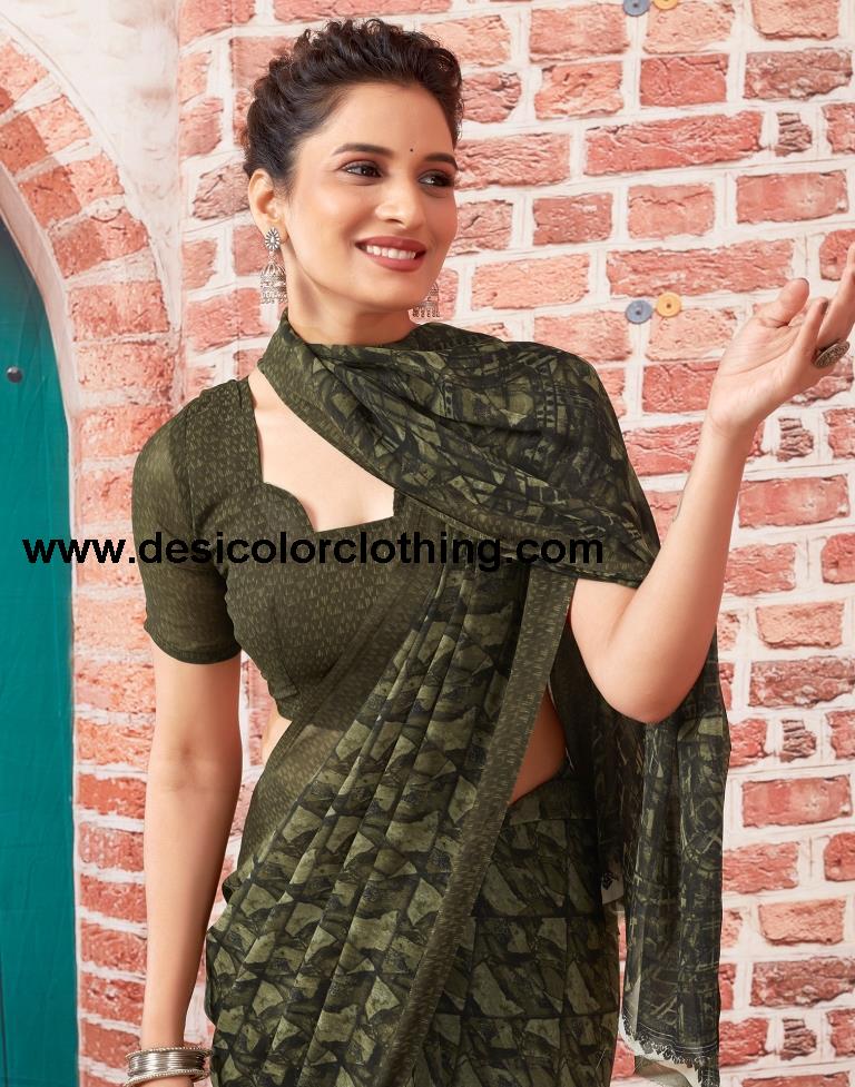Dark Green Georgette Printed Sarees